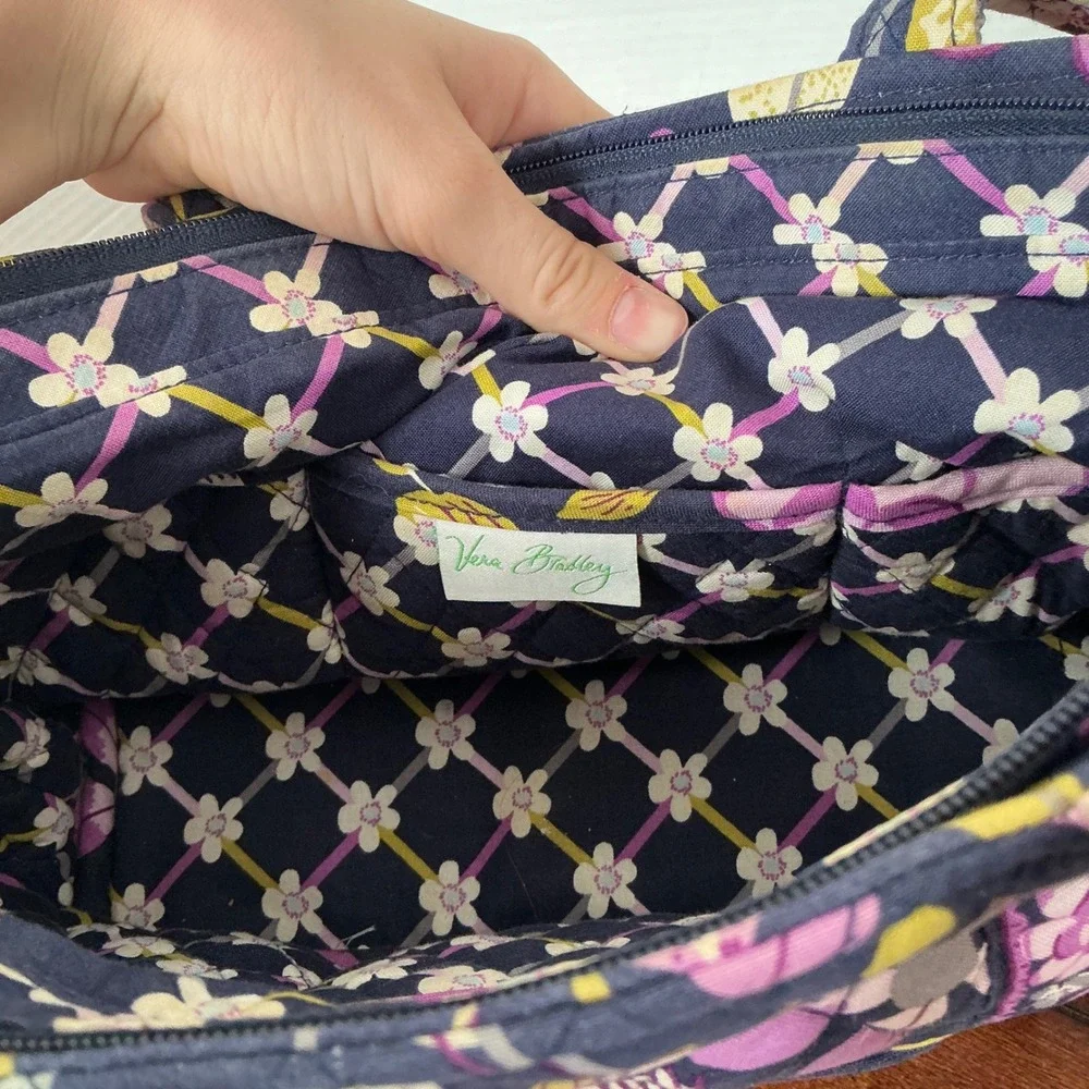 Vera Bradley Plum Nightingale Crazy Quilted Cotton Tote Bag Purple Floral Zip - Picture 7 of 7